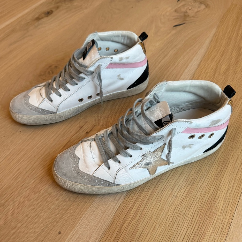 Grey Goose White High-Top Sneakers with Silver Star and Pink and Gold Details